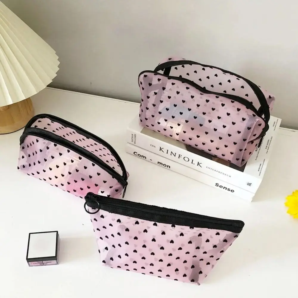 Trousse de toilette en maille de nylon en forme de cœur, sac à cosmétiques, rouge à lèvres, clé, trousse de rangement pour écouteurs, trousse de maquillage, nouveau