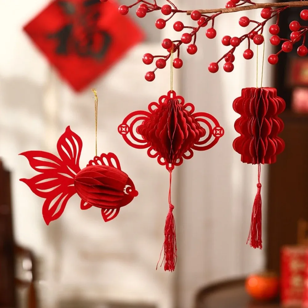 Hanging Red Chinese New Year Decoration Koi Small Honeycomb Lantern Gourds Shape Chinese Knot 3D Felt Pendant Spring Festival