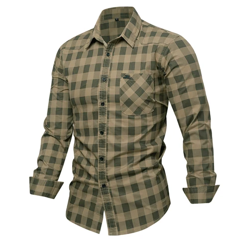Imagen 2 del producto 2025 otoño nueva moda hombres 100% camisa a cuadros de algodón Tops Casual botón abajo manga larga Bordado de letras camisas con bolsillo