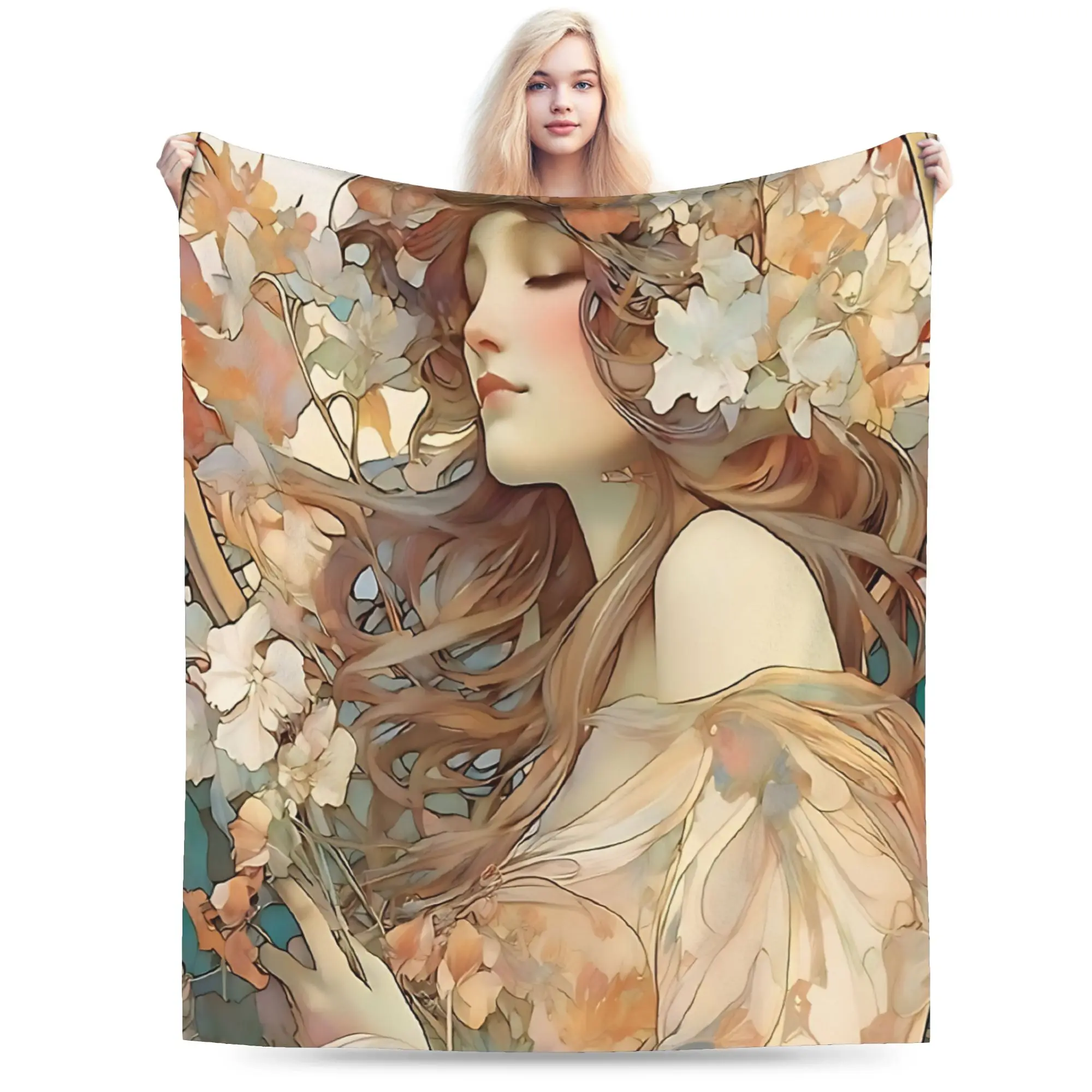 Soft Warm Blanket Children Decorative Language of Flowers Alphonse Mucha  Flannel Bedspread Decor Pattern Sofa Bed Cover