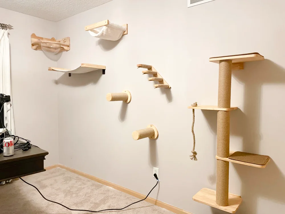 Cat Wall Mounted Climbing Wood Furniture Stairway with Hammock Cats Platform and Scratching Post for Kitten Playing and Rest