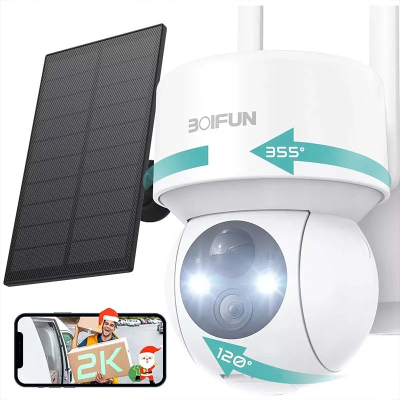 BOIFUN  2K WiFi-Wireless Outdoor Home Security Camera with Solar Panel, Two-Way Audio, Night Vision , 14400mAh Internal Battery