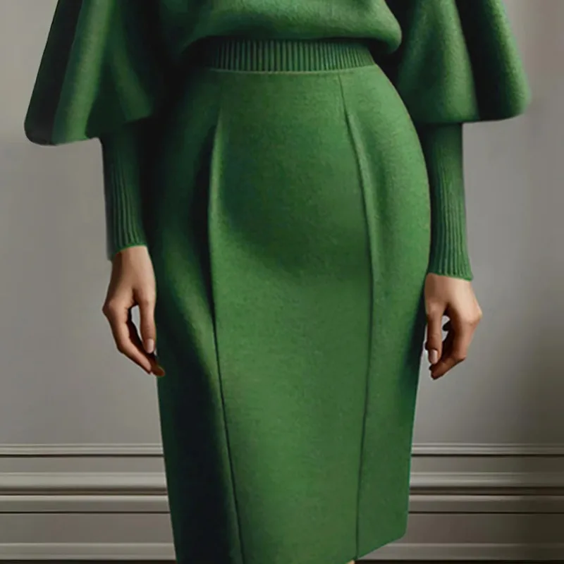 

2026 New Women's High Waist Green Knit Pencil Skirt Slim Fit Elegant Office Party Evening Knee Length Skirt