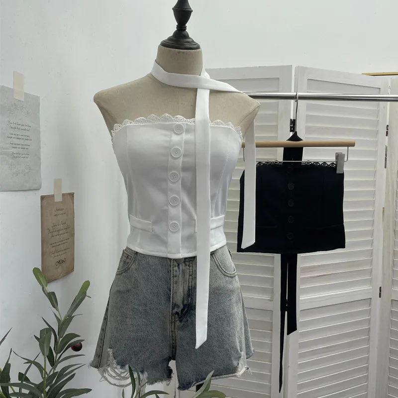 Sleeveless Backless Splice Knitted Vest Women's Chest Pad Fake Pocket Button Short Style Drifting Band Top Trendy Streetwear