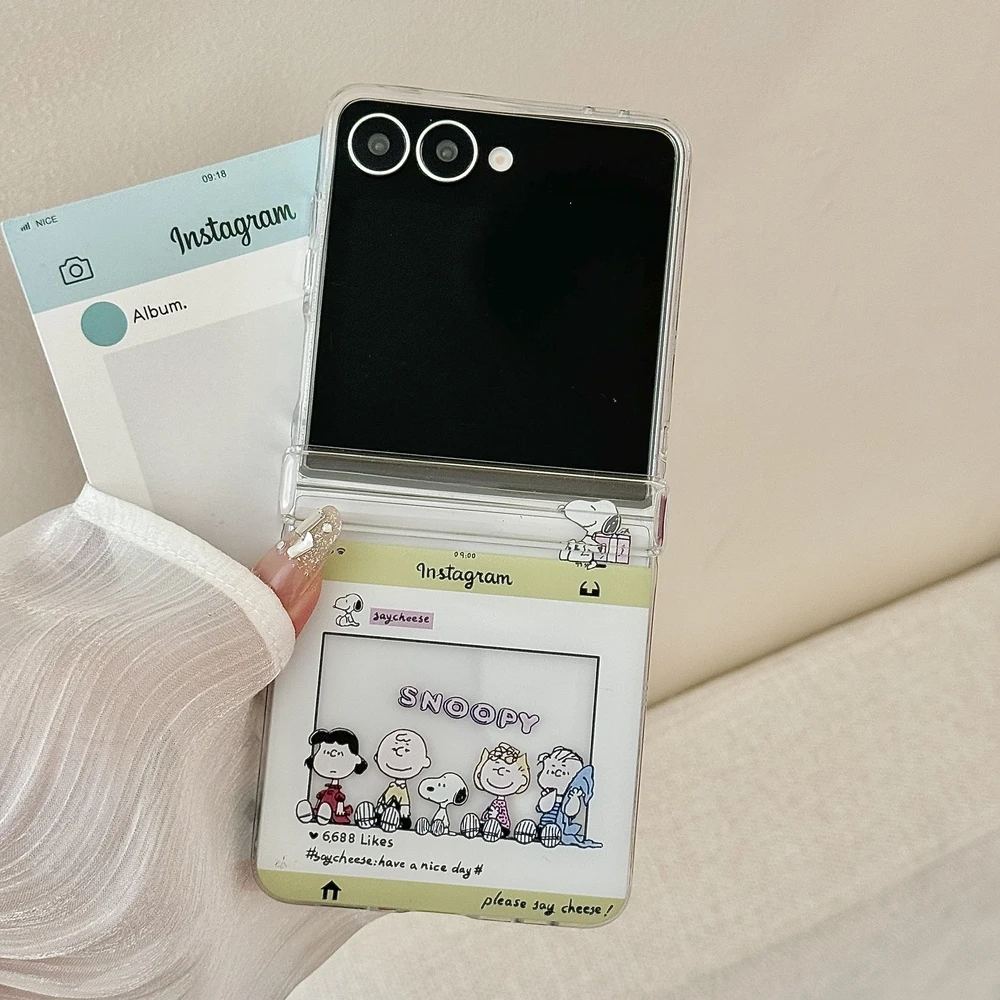 Cute Cartoon Snoopy Charlie Brown Stand Holder Phone Case For Samsung Galaxy Z Flip 7 6 5 4 3 Case Soft TPU Cover With Lanyard
