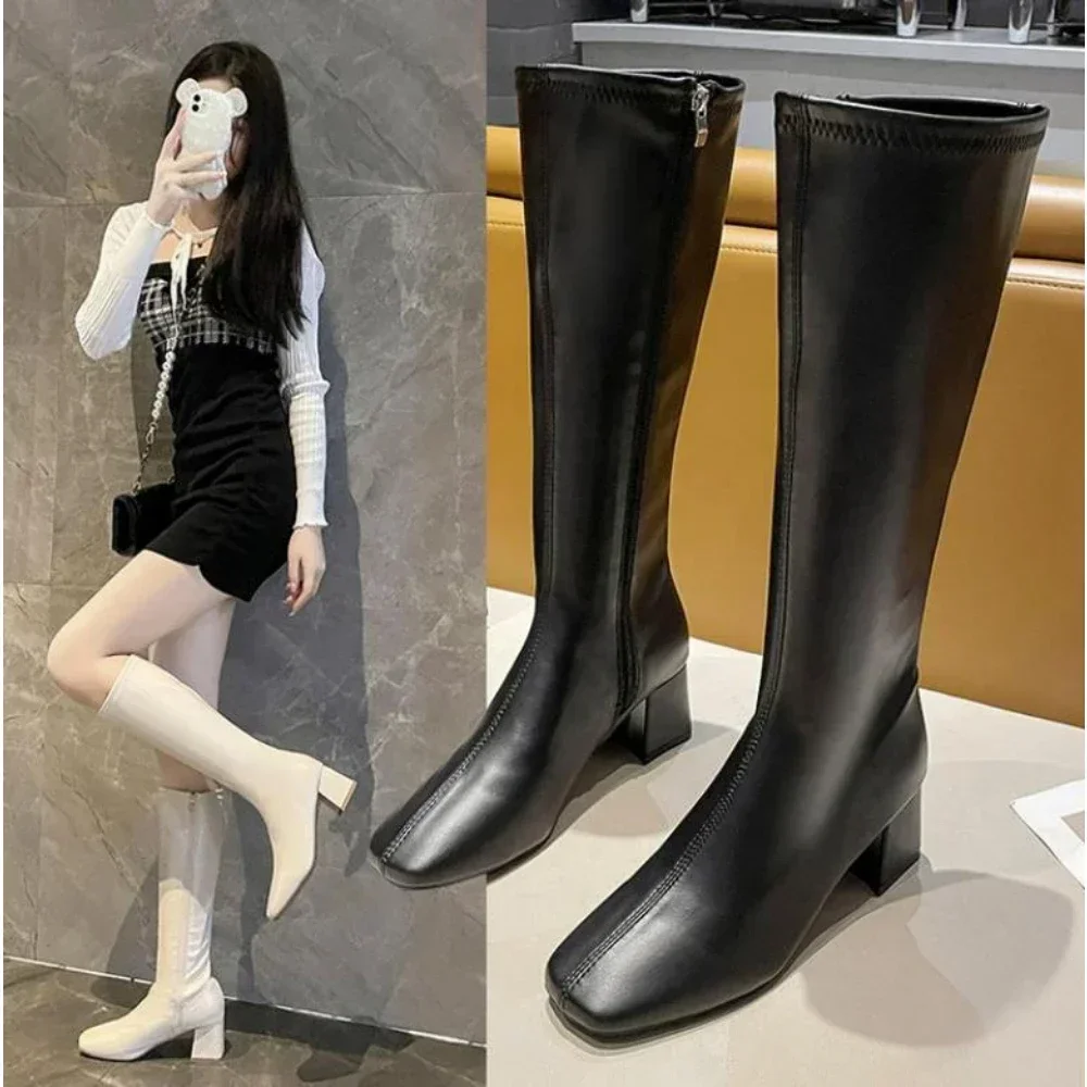 Women Knee High Boots Female Leather Knight Boots Booties Lady High Heels White Autumn Shoes Women