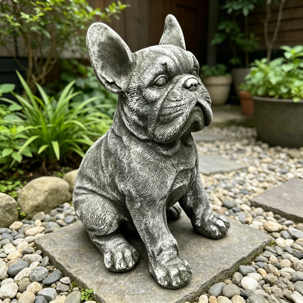 16'' Outdoor Weatherproof French Bulldog Statue, Rustic Stone Finish Resin Dog Sculpture, Decorative Ornament for Garden, Yard, Patio, Lawn & Backyard Landscaping
