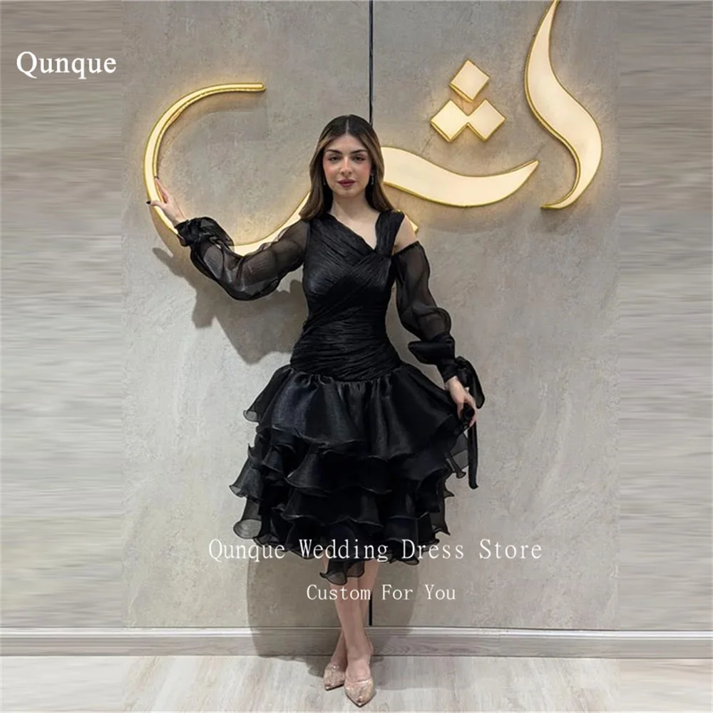 

Qunque Black Organza Women Prom Dresses A Line Tiered Vintage Short Party Dress Long Sleeves Elegant Homecoming Gowns Customized