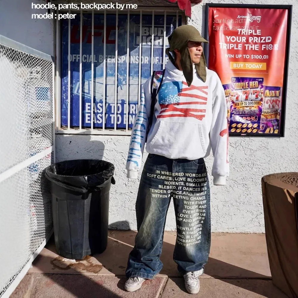 

Retro American Streetwear Wide Leg Pants Waed Denim Print Hip Hop Men's Loose Long Trousers Trendy Straight Cut Jeans