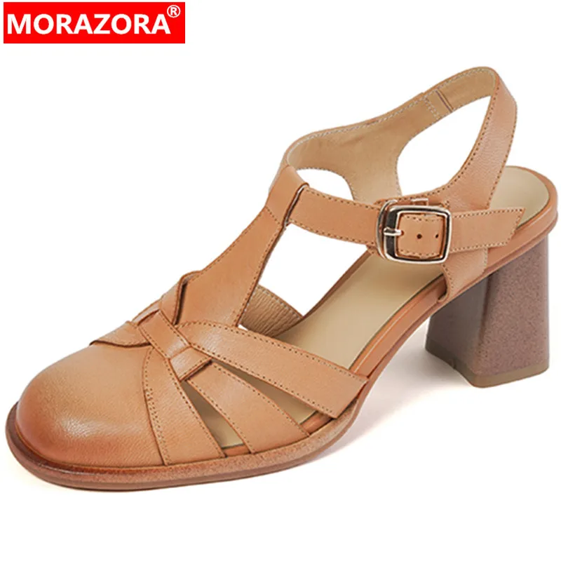 

MORAZORA 2024 New Arrive Genuine Leather Sandals Women Rome Square High Heels Shoes Simple Summer Ladies Solid Dress Shoes