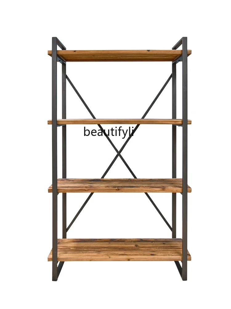 

American-Style Iron Storage Rack Industrial Style Display Rack Multi-Layer Solid Wood Storage Rack Floor Bookshelf