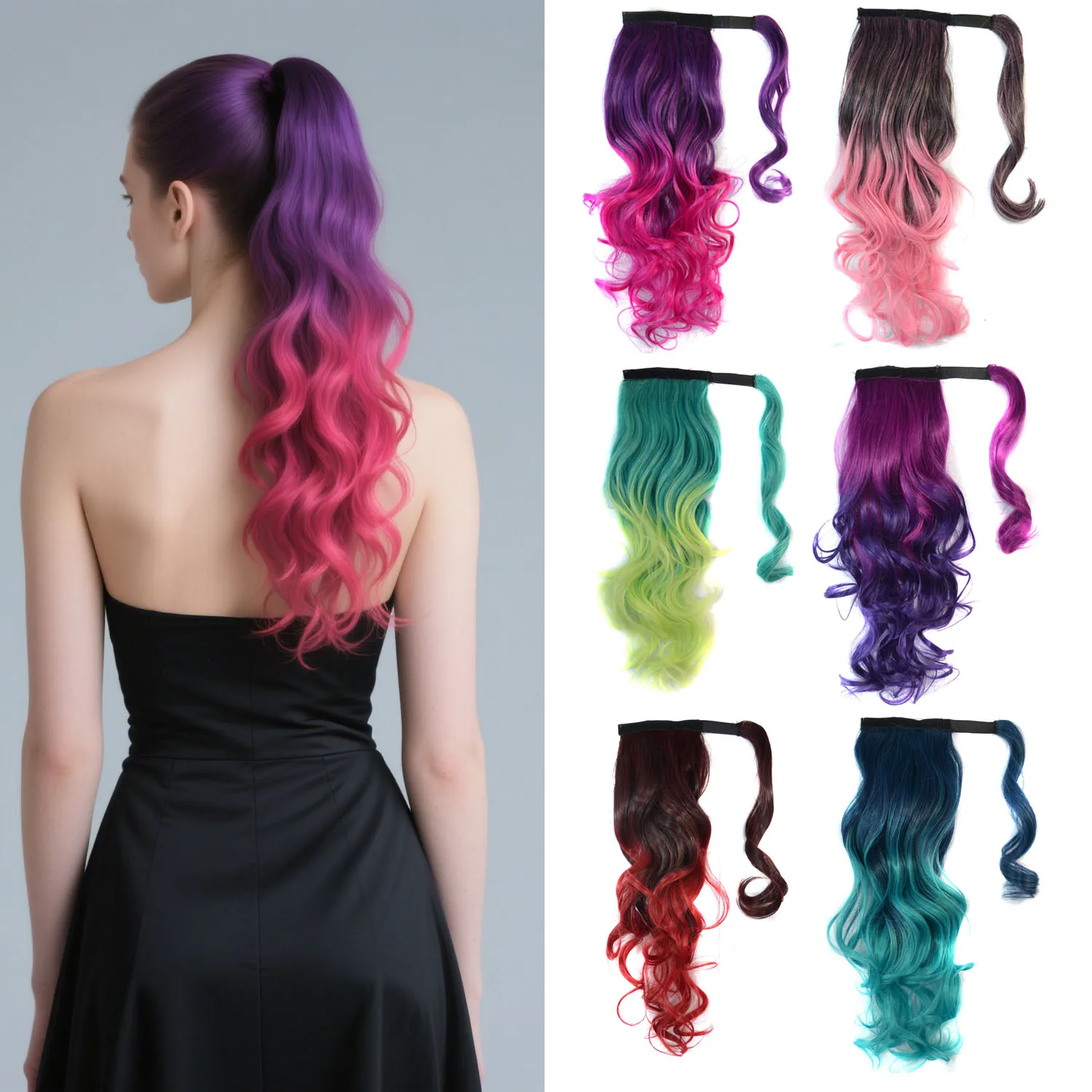 Jeedou Ponytails Wrap Around Ponytail Extension Wavy Synthetic Hair Rainbow Balayage Ombre Color Messy Bohemian Style