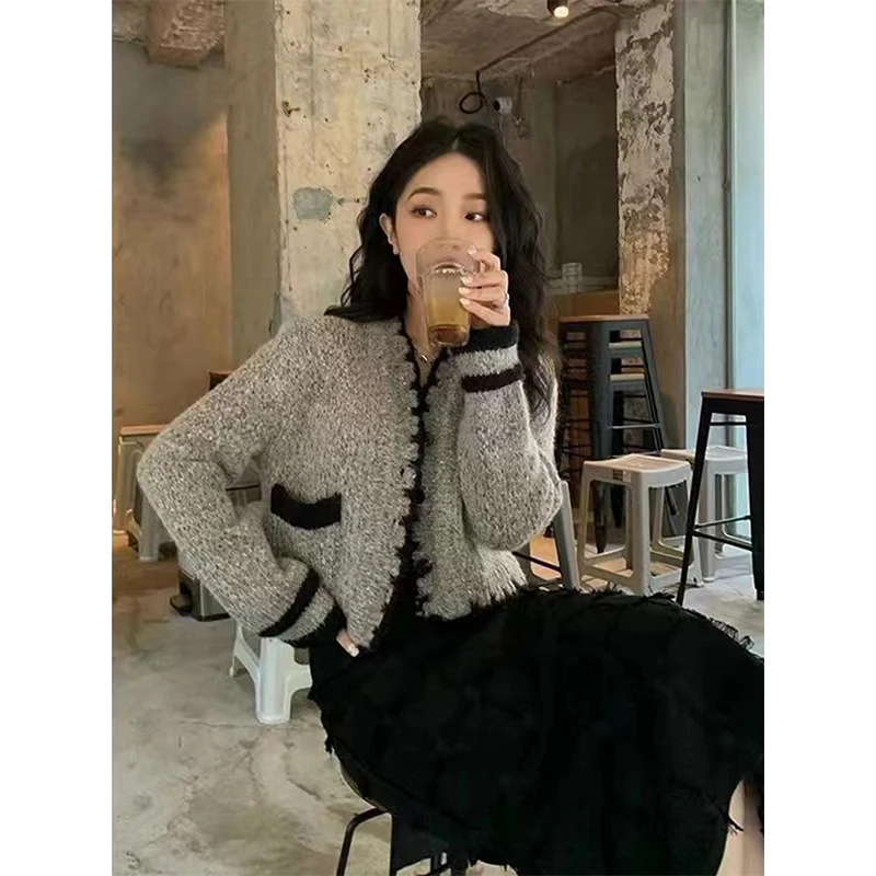 Vintage Knitted Cardigan Women Elegant Cropped V Neck Sweater Coat Sweet Korean Patchwork Short Knitwear Casual Jumpers Tops New