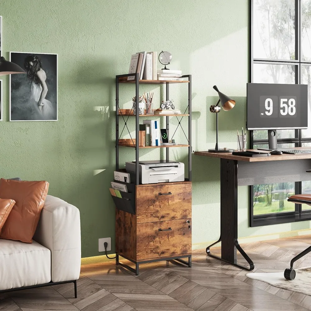 خزانة ملفات قابلة للقفل بدرجين مع قاعدة شحن ورف وخطافات قابلة للتعديل للمكتب المنزلي