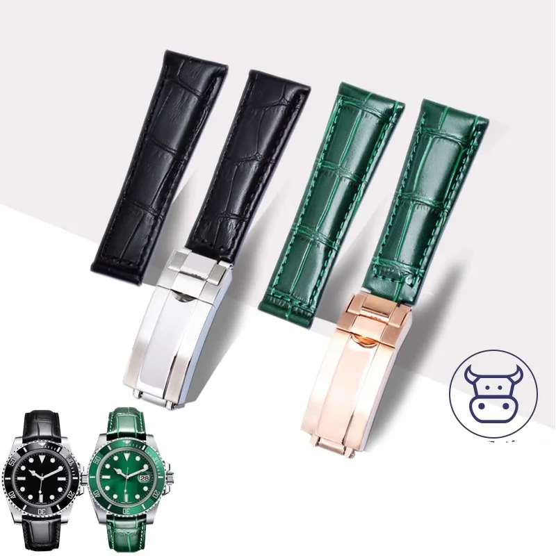 Luxury 20mm  Genuine Leather Watchband Watch Strapt For Rolex GMT Daytona Black Green Water Ghost Yacht Famous Bracelet