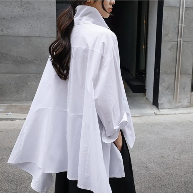 Spring Summer New Fashion Women's White Solid Color Long Lseeve Turn-down Collar Loose Casual Trendy Shirts Female Clothes Tops