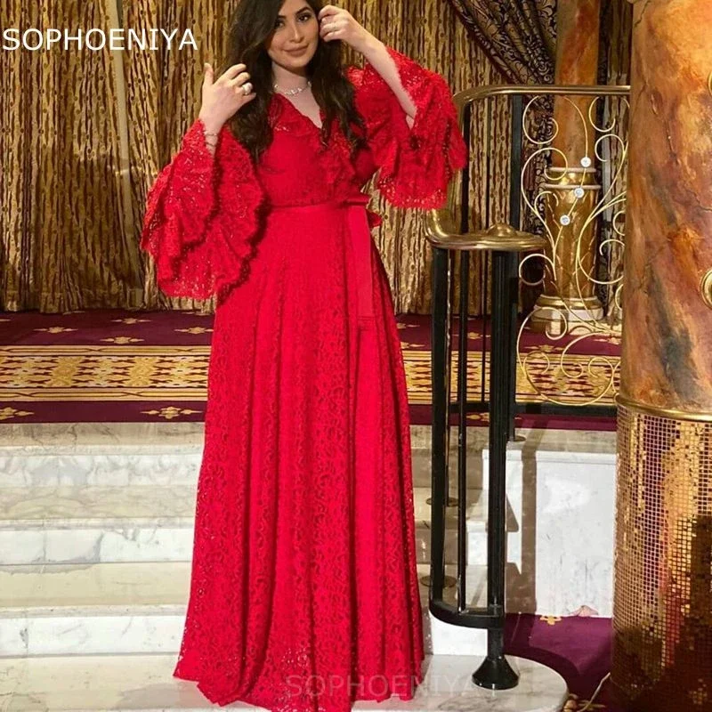 New Red Arrival V Neck Ruffled Long Sleeve Evening Dresses Lace Muslim For Women Party Night Sexy Porm Gowns robe de soiree 2024