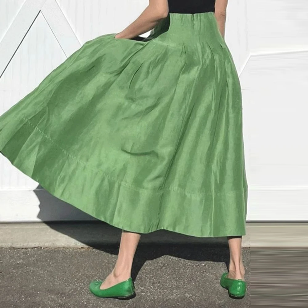 French retro temperament green high waist and thin big swing umbrella skirt new niche high-end design fluffy skirt