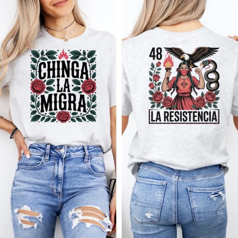 لا المقاومة اللاتينية تي شيرت Lotería الفن Chinga La Migra الاحتجاج الثقافي الجرافيك بلايز عالية الجودة ملابس علوية من القطن تي شيرت قصير
