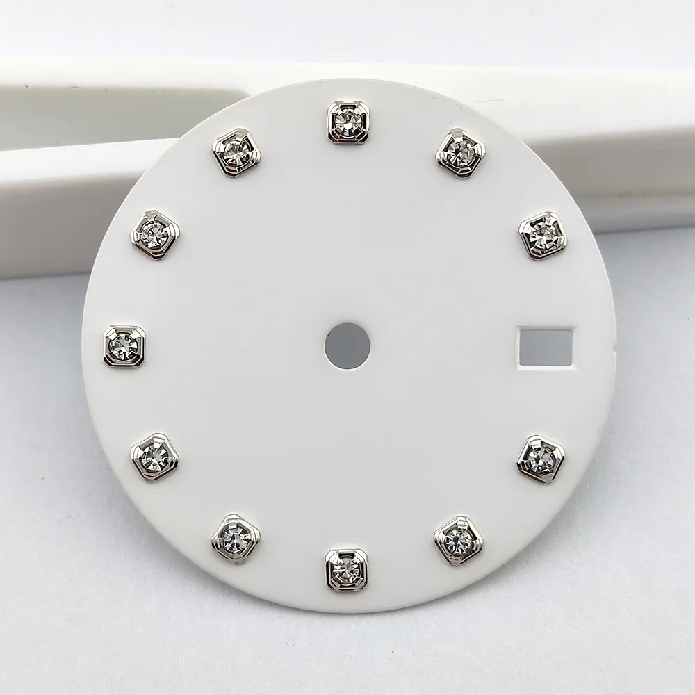 Men's 28.5mm Pure White Diamond Crystal Dial Watch Face Compatible with NH34 NH35 Movement Watch Replacement Part
