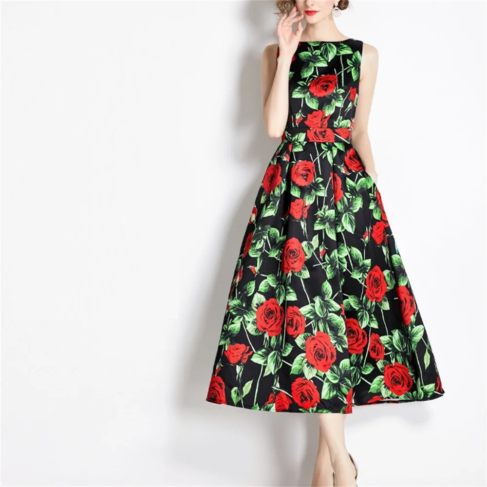 2023 Summer Fashion Short Boho Dress Women Mini Floral Print Dress Female Sleeveless Hanging Belt Printed Waist Folded Dress