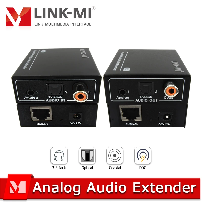 Penambah jangkauan Audio Analog Digital 500m, lebih dari Cat5e/6 kabel mendukung Dual POC pemanjang Audio Digital