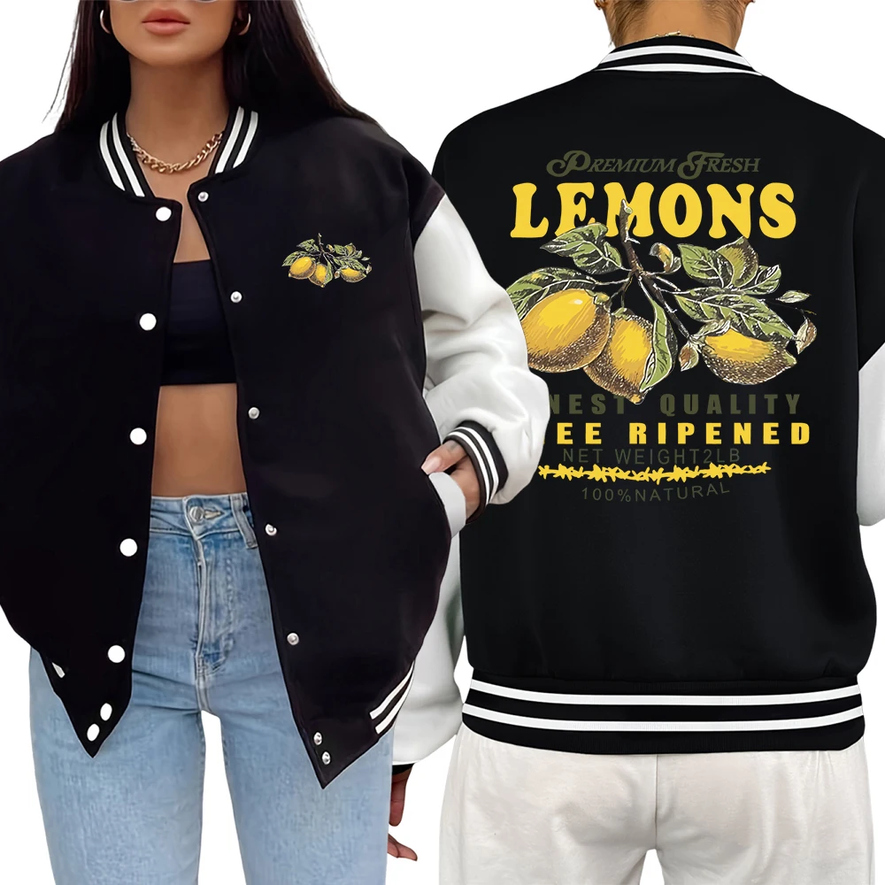 

Premium Fresh Lemons Fruit Printed Jackets Women New Fashion Baseball Jersey Hip Hop Casual Veste Comfortable American Womenwear