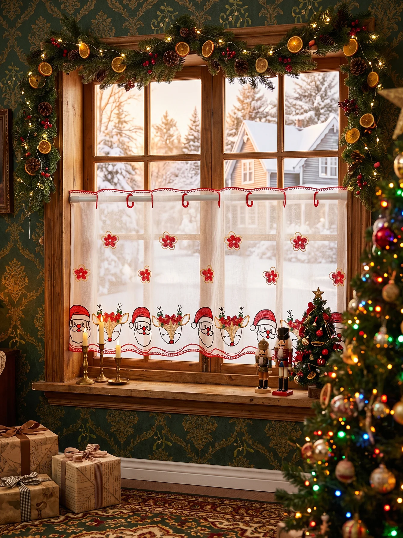 Embroidered Reindeer & Santa Christmas Lace Valance, Semi-Sheer Rod Pocket Window Valance with Red Scalloped Trim, Xmas Kitc