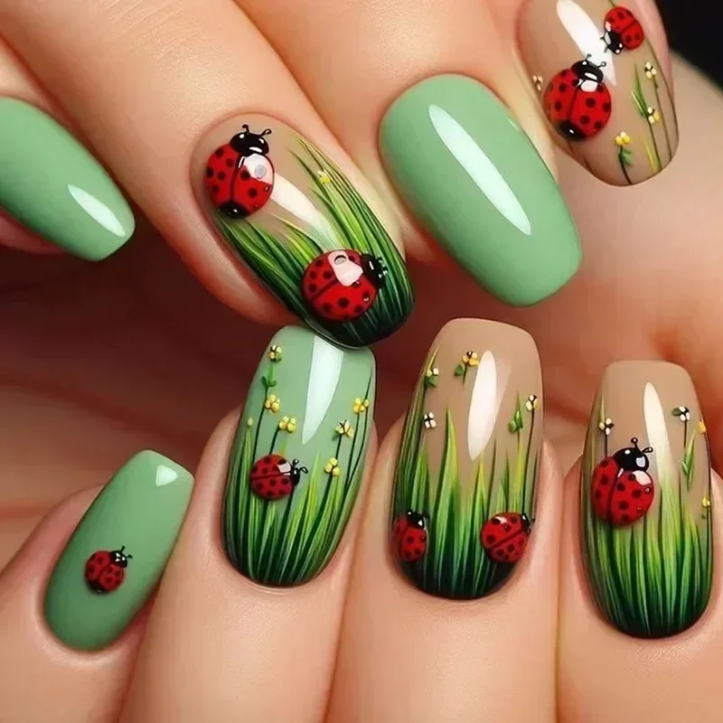 24pcs Extra Short Press on Nails Tulip Flowers Designs Fake Nails With Glue Detachable Round Head Cute Petite Nails For Women