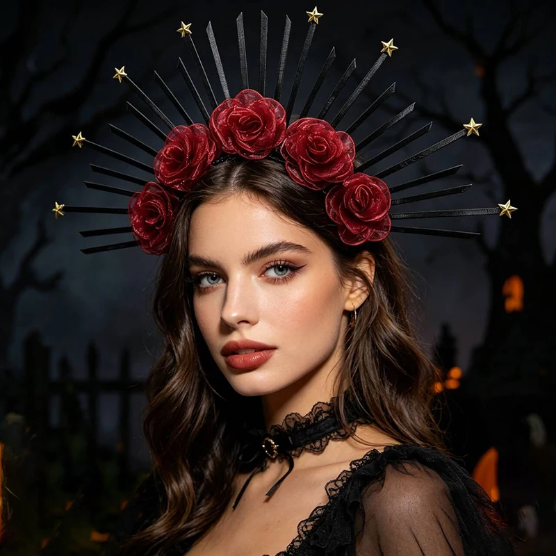 Halloween Red Rose Flower Headband Artificial Floral  Halo Crown Cosplay Costume Party Hair Accessories for Women