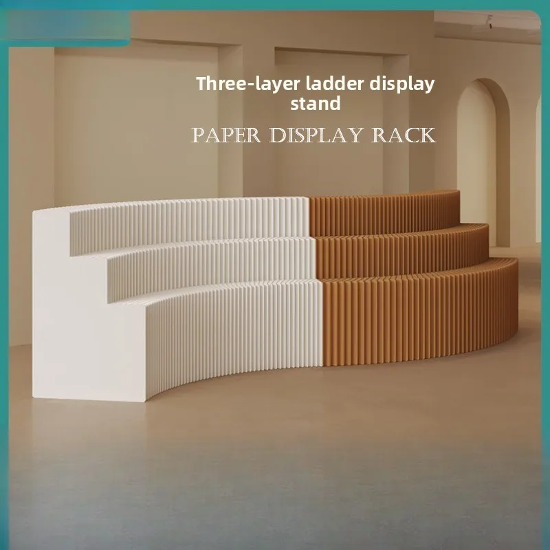 Wholesale window display and exhibition product display racks, three-layer white stepped telescopic paper display racks