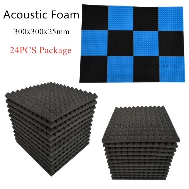 24PCS 300x300x25mm Studio Acoustic Foam Pyramid Soundproof Foam Sound Absorption Treatment Panel Sound Wedge Protective Sponge