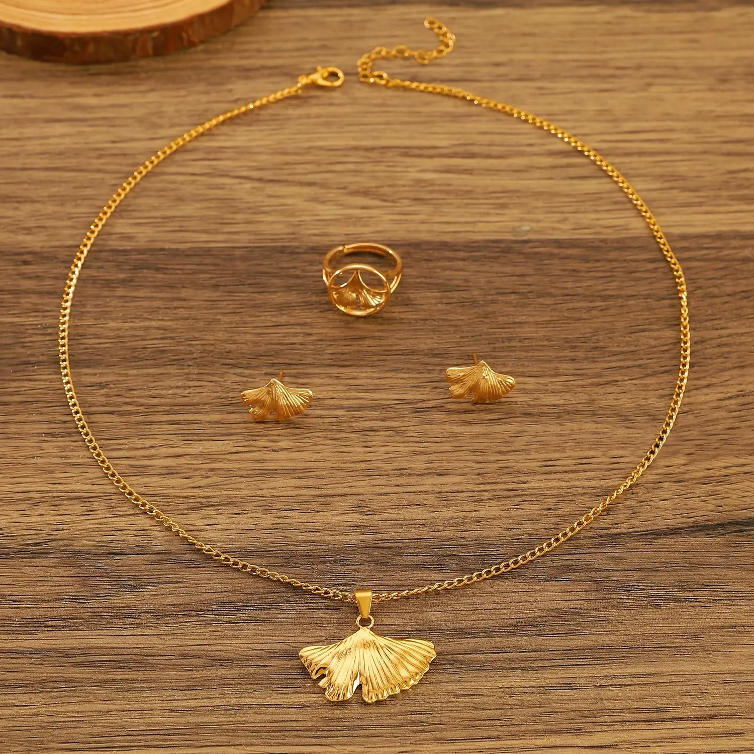 Fashion Geometric Gold Color Ginkgo Biloba Leaf Earrings Ring Necklace Creative  Three-Piece Set Simple Charm Woman Jewelry Set