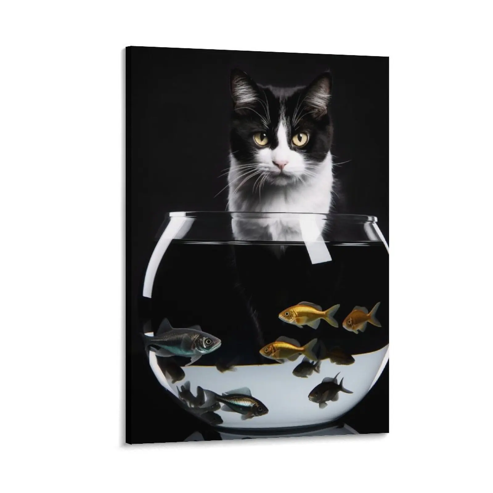 

black and white cat peering over the edge of a fishbowl Canvas Painting pictures for wall home decoration accessories