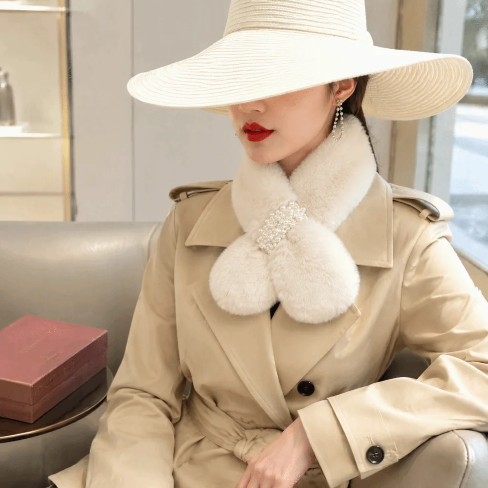 Fashion Solid Color Cross Scarf Faux Rabbit Fur Pearl Decoration Neckerchief Wrap Warm Thicken Shawl Women