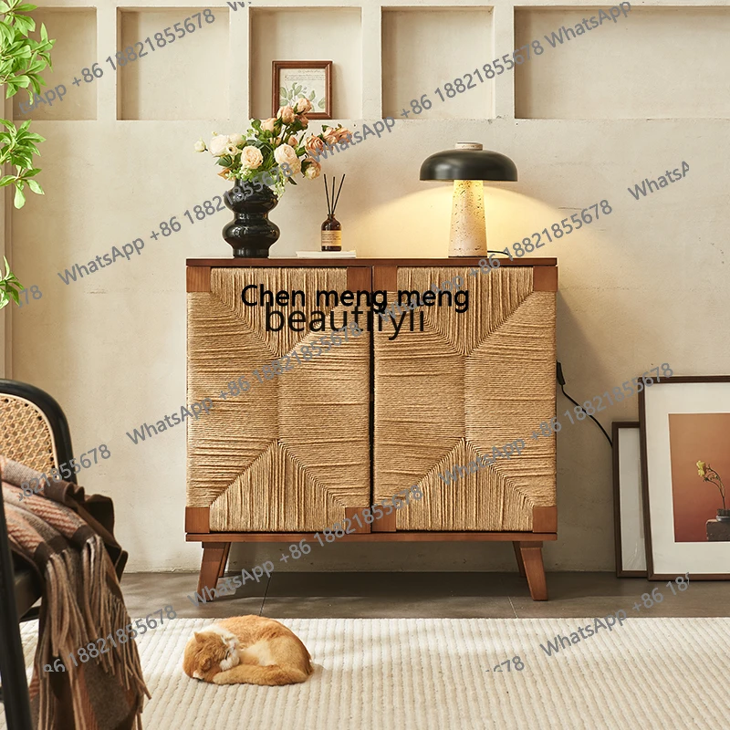 원목 라탄 다이닝 사이드 캐비닛 일본식 심플 수납장 거실 현관 선반 가정용 차 캐비닛 H