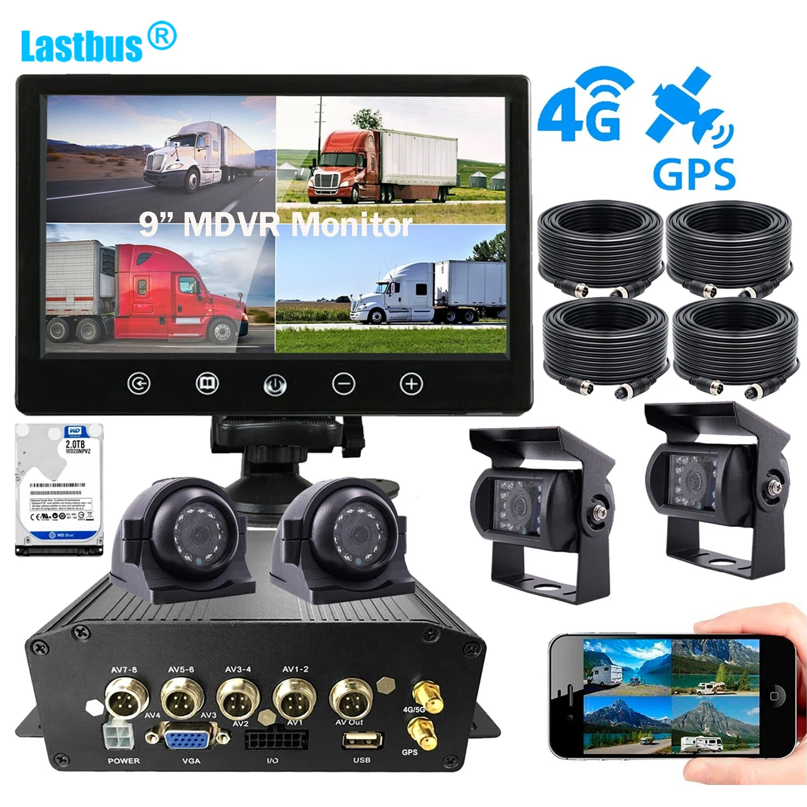 

Lastbus 4G MDVR GPS 4CH 9" Monitor With 1080P Backup Camera Night Vision Waterproof Metal Case For Truck Bus Van