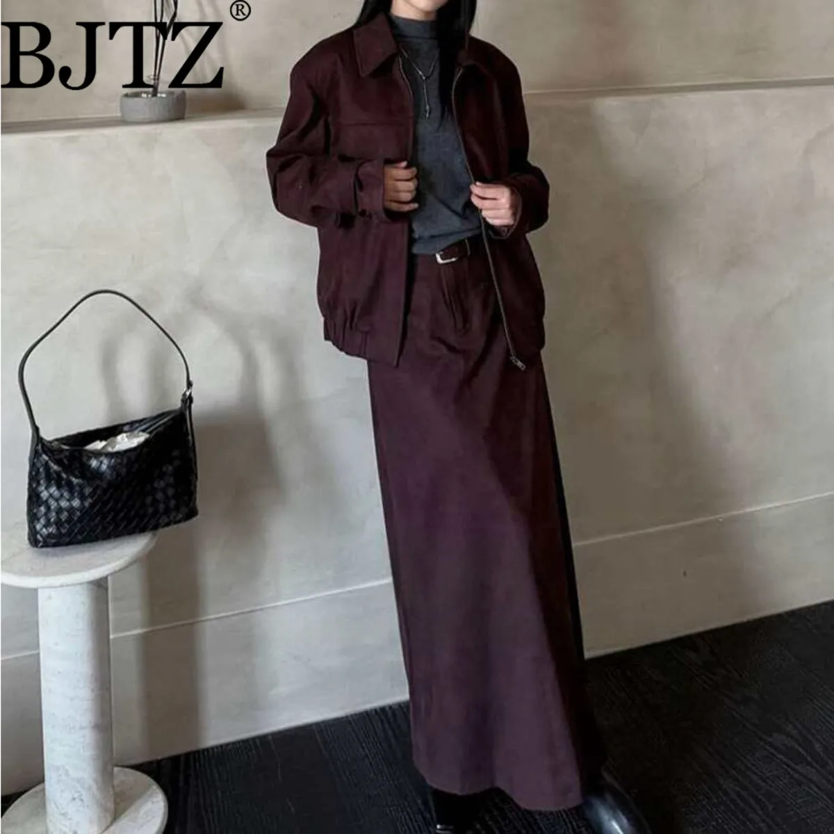 

BJTZ Women’s Vintage Lapel Zipper Jacket & High Waist Skirt 2 Piece Set Autumn Winter Office Commute Elegant Outfit