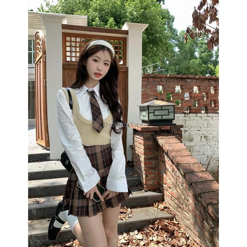 2024 korea fashion style uniform suit women autumn new korean style short knit vest polo collar shirt plaid skirt jk set b103