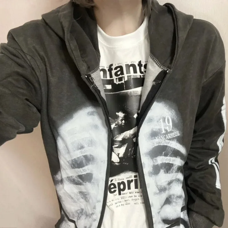 Oversize American Trendy Brand Washed Distressed Skull Skeleton Printed Hooded Sweatshirt  Retro Zipper Hooded Sweatshirt Jacket