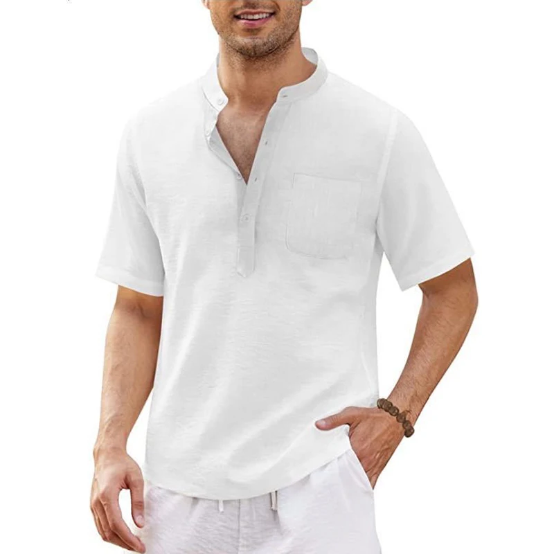 Summer Men\'s Short-Sleeved T-shirt Cotton Linen V-neck Men\'s Shirt Male Breathable Casual Tops Plus Size Stand-up Collar 5XL