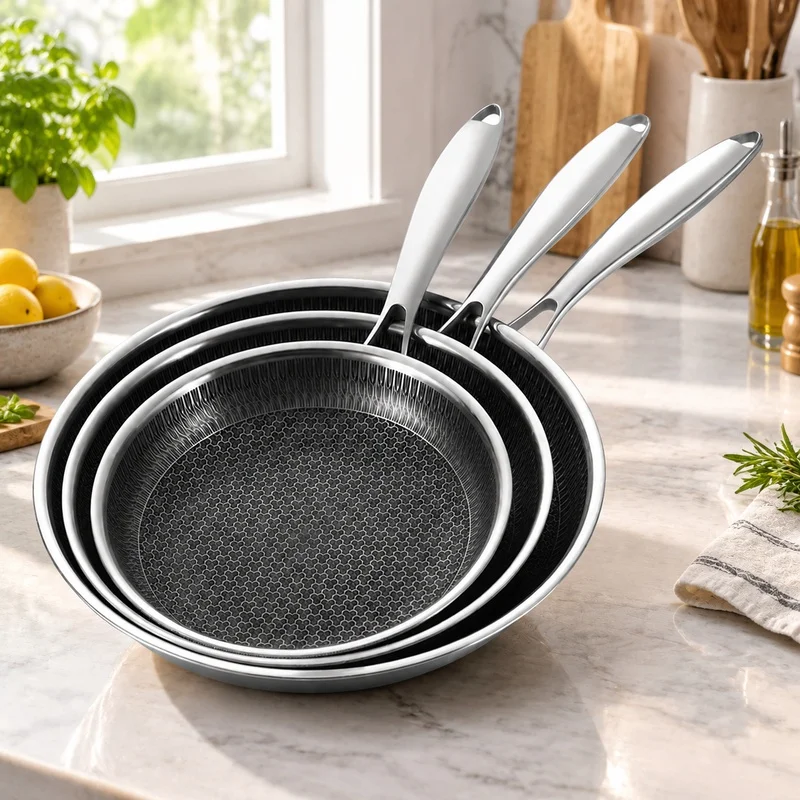 Set of 3 Nonstick Stainless Steel Fry Pans 20cm, 24cm, 28cm - PFOA-Free, Dishwasher-Safe Hybrid Skillets