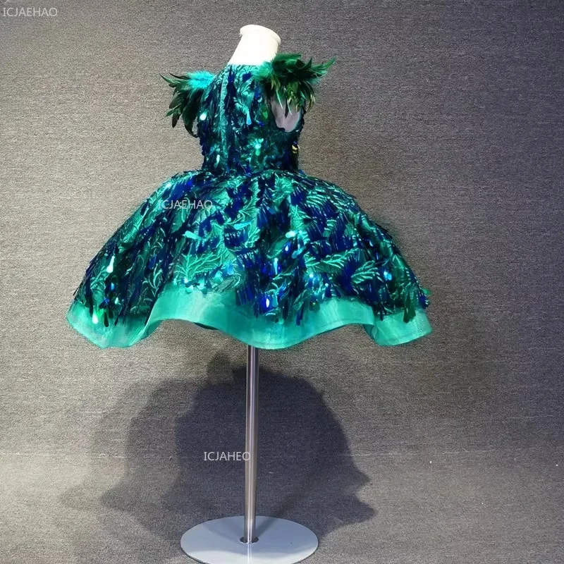 Kids Girls Green Sequin Short Party Dress Puffy Performance Fashion Show Host Pageant Tulle Princess Gown for New Year Children view 3