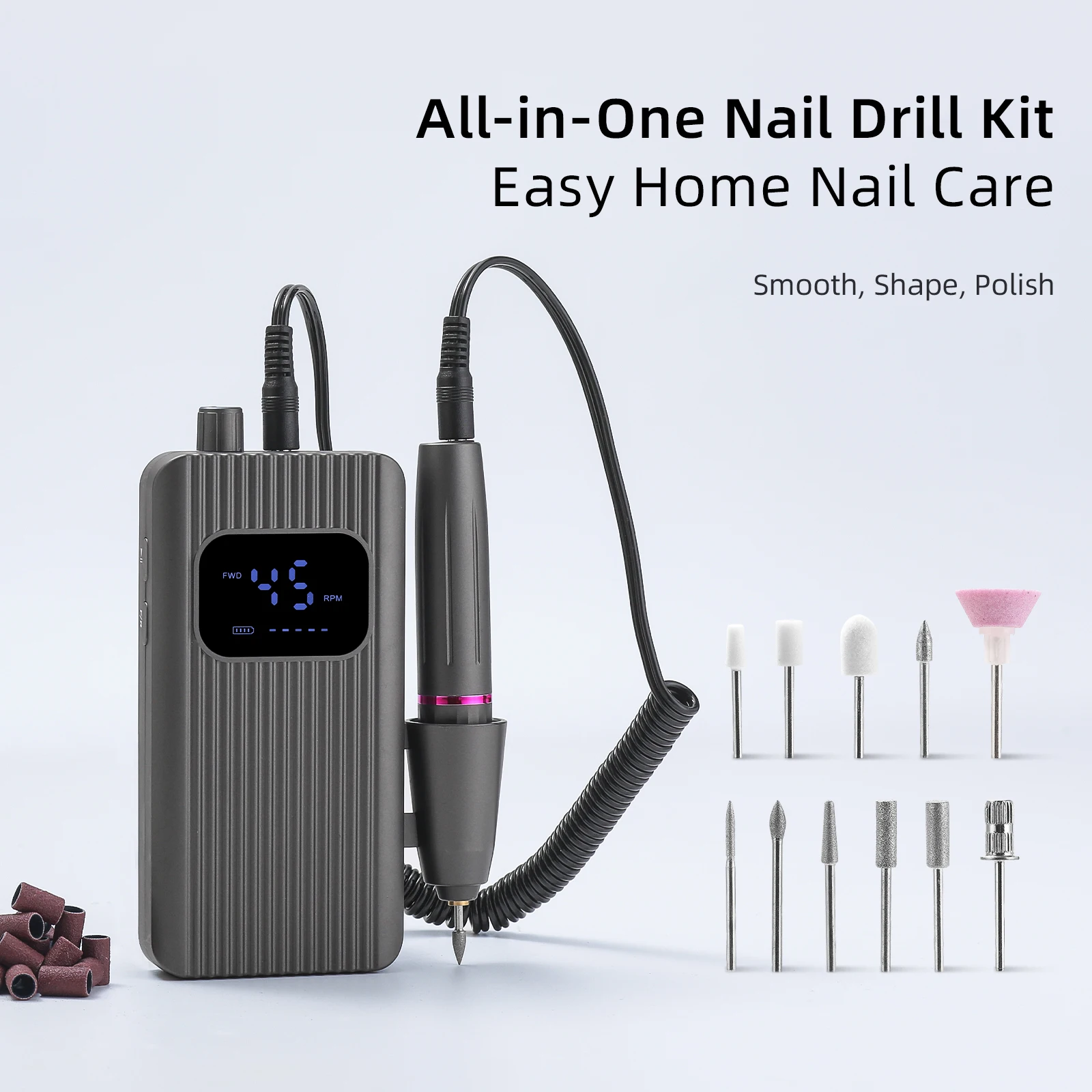 45000RPM Professional Electric Nail Drill Machine, Portable Rechargeable Nail File for Gel Nail Remover, Manicure Pedicure Polishing Tool for Salon & Home Use
