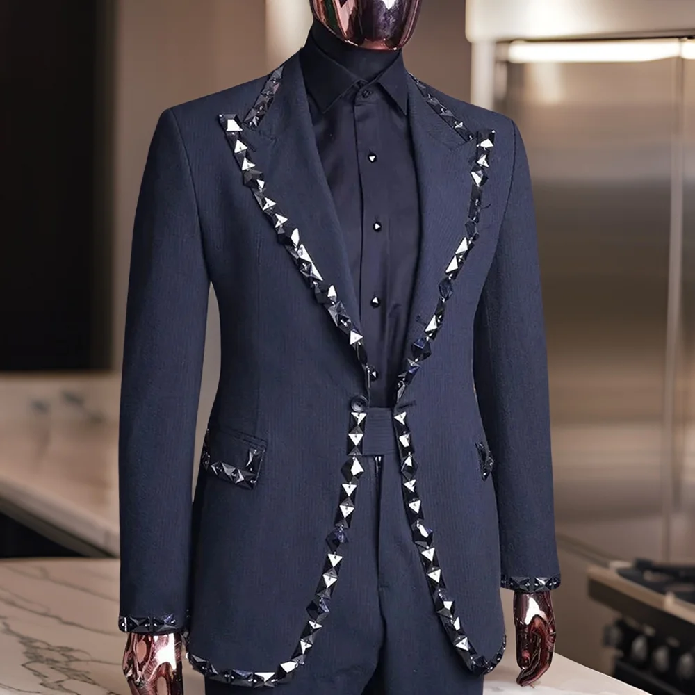 Garnitury ślubne z koralikami dla mężczyzn Notched Lapel Custom Blazer Set 2-częściowy smoking pana młodego Groomsman Fashion Costume Jacket with Pants