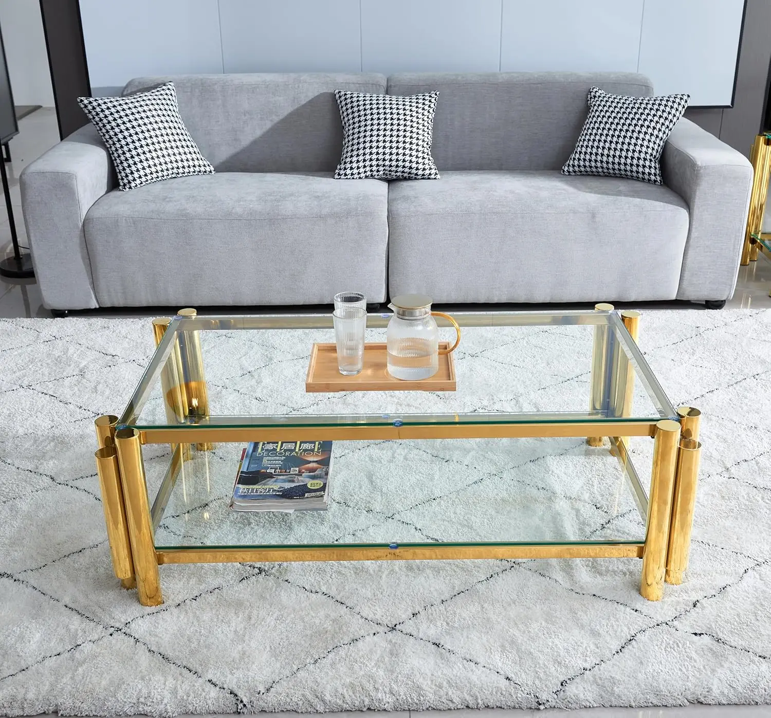 

47" Modern Stainless Steel Coffee Table, Double-Layer Clear Tempered Glass Coffee Table, Center Table With Storage, For Living R