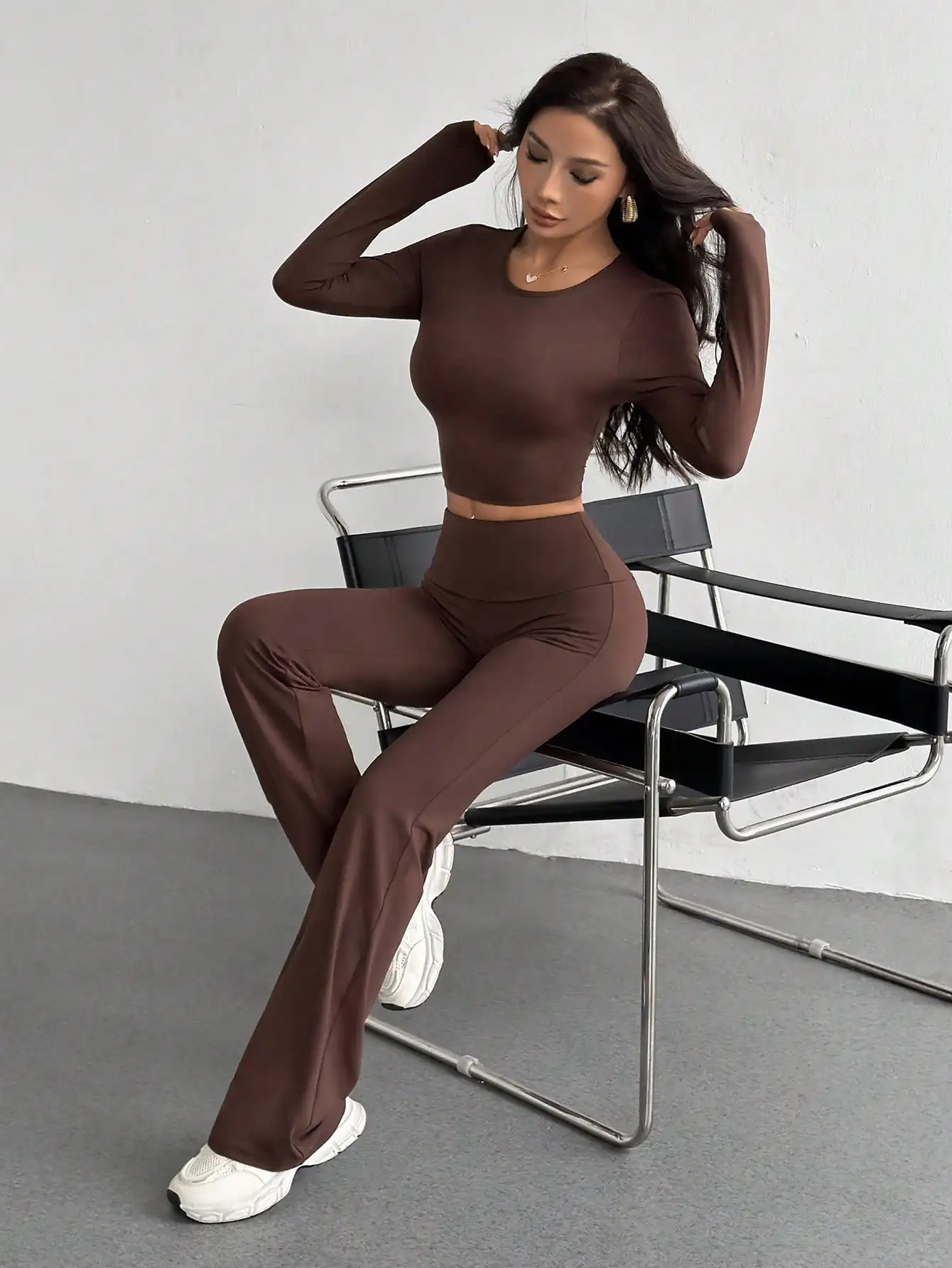 브라운 여성용 2피스 긴팔 크롭탑 & 하이웨이스트 팬츠 세트, 데일리 캐주얼 스트리트웨어, 가을