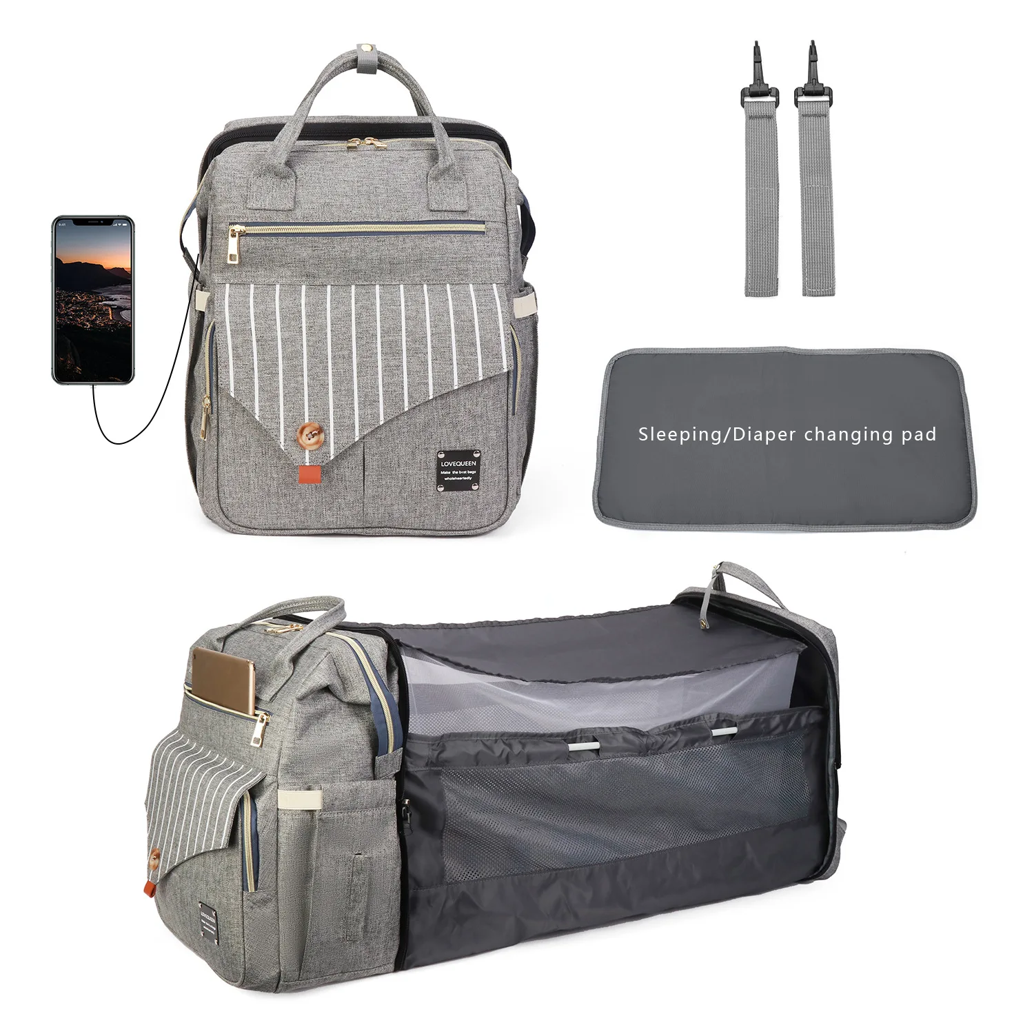 3 in 1 Diaper Bag Backpack Foldable Baby Bed Waterproof Travel Bag with USB Charge Diaper Bag Backpack with Changing Bed 3 Types