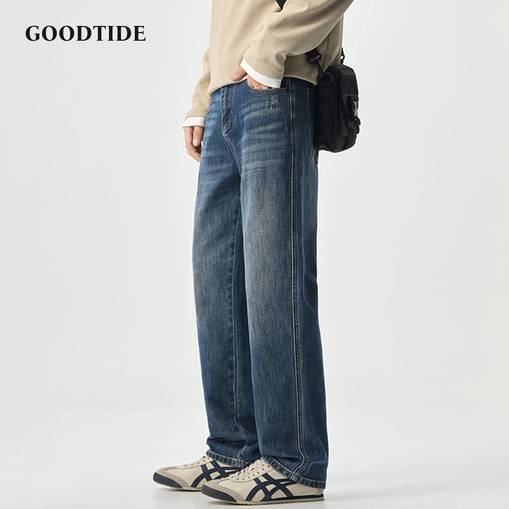 

Fashion Men's Washed Straight Leg Jeans Casual Denim Pants Patch Detail Loose Fit Streetwear Men Comfortable Trousers