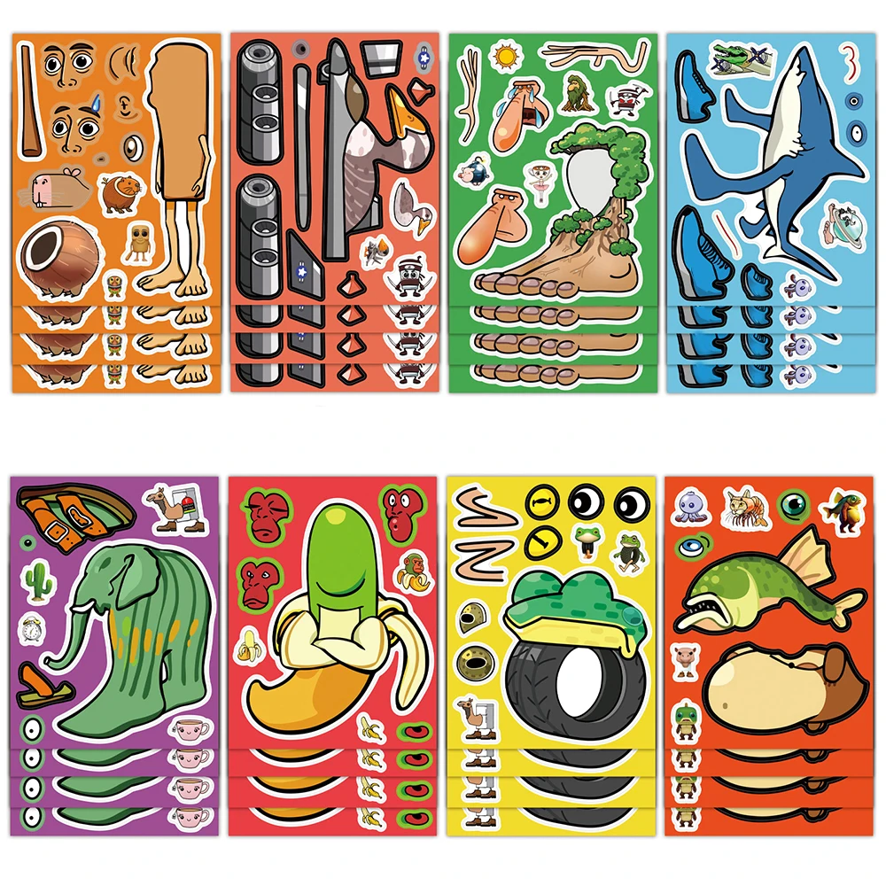 

8/16sheets Tung Tung Tung Sahur Puzzle Stickers Children's Fun Italian Brainrot Animals Make a Face Toys DIY Puzzle Decals